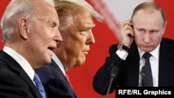 Colaj reprezentându-i pe Joe Biden, Donald Trump și Vladimir Putin