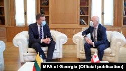 Ministrul lituanian de externe Gabrielius Landsbergis (stângă) cu omologul său georgian David Zalkaliani. 28 aprilie 2021