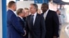 U.S. Secretary of State Antony Blinken (center) and British Foreign Secretary David Lammy (right) are greeted in Kyiv upon arriving in the Ukrainian capital on a joint visit on September 11. 