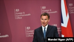 British Foreign Secretary Jeremy Hunt speaks during a joint press conference at the Foreign Office in central London, May 8, 2019