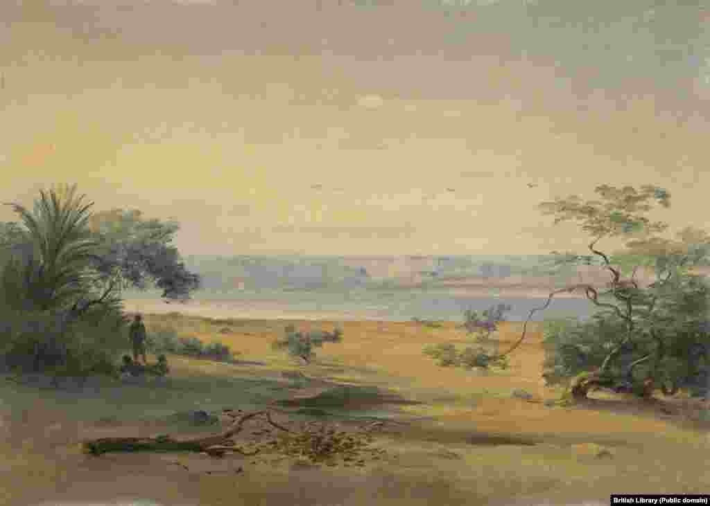 A period painting of the bay at Sagallo by German landscape artist Johann Martin Bernatz (1802-78). The village itself was an abandoned Egyptian fort, described by one historian as &quot;a miserable collection of hovels.&quot;