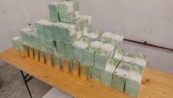 A Hungarian government handout that purportedly shows money and gold bars confiscated from two armored cash-transport vehicles transporting $40 million, 35 million euros and 9 kg of gold through the country and destined for Ukraine.