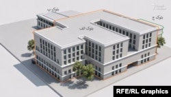 یک مدل مفهومی که نمای ظاهری و رنگ ساختمان آینده «آکادمی امنیت ملی» متعلق به کا‌گ‌ب (KGB) بلاروس را نشان می‌دهد. نمای دید از تقاطع خیابان‌های «زالاتایا هورکا» و «چیروانازورنایا». کلیسای «سنت روخ» در پشت این ساختمان قرار دارد.