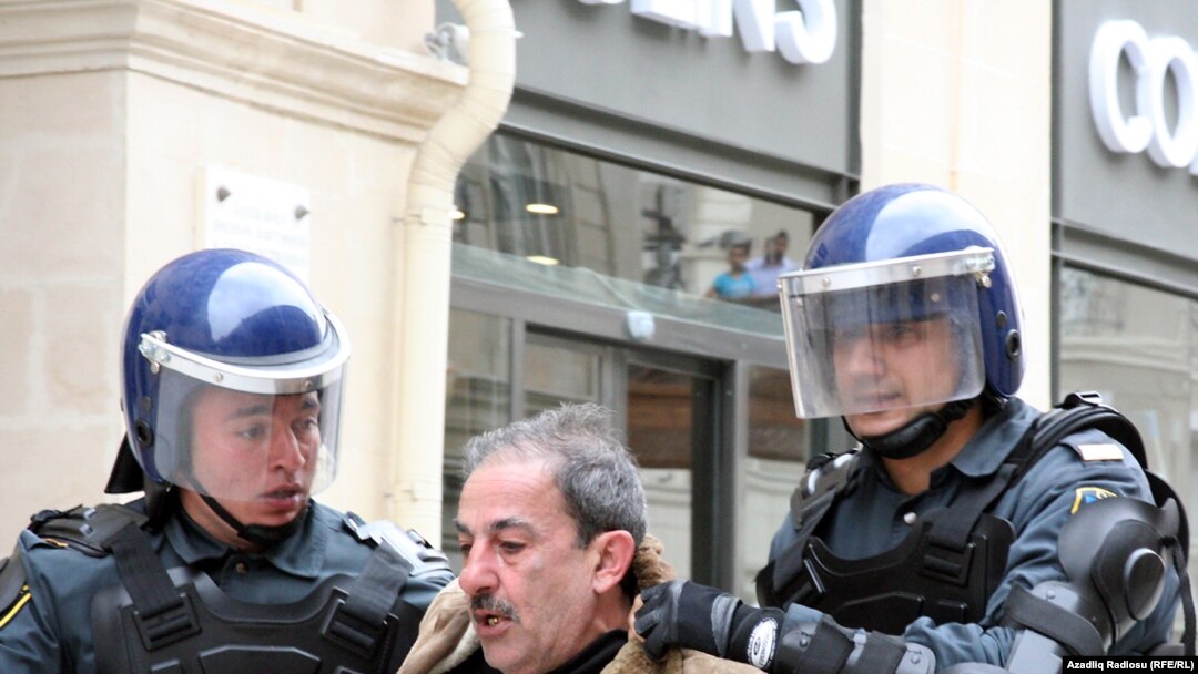 Riot police broke up the April 2 protest in downtown Baku.