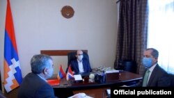 Nagorno Karabakh - Bertrand Lamon (right), head of the Stepanakert office of the International Committee of the Red Cross, meets with Karabakh officials, January 22, 2021