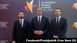 Jakov Milatović, predsednik Crne Gore, Aleksandar Vučić, predsednik Srbije i Milojko Spajić, crnogorski premijer, na samitu EU-Zapadni Balkan u Tivtu, 4. juna 2026. godine. 
