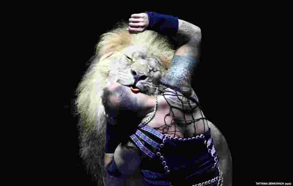 A circus artist and a lion perform during the first Minsk International Circus Art Festival in Minsk, Belarus. Participants from 16 countries took part in the event. (epa-efe/Tatyana Zenkovich)