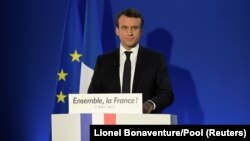 Эммануэль Макрон обращается к своим сторонникам после выборов во Франции. 7 мая 2017 года.