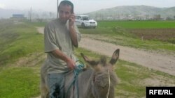 Uzbekistan - A man Riding Donkey Talks to the Mobile Phone