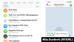 Skrinšotovi objava na mreži Telegram, u kojima se u okviru privatnih i javnih grupa prodaju lažni negativni PCR testovi.