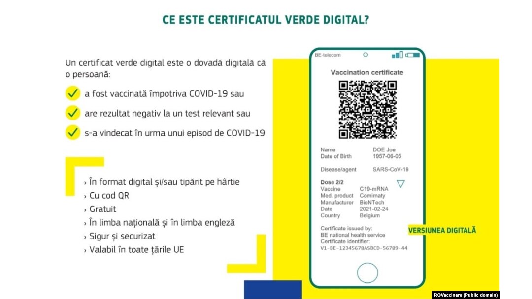 Adeverința electronică verde va acoperi trei tipuri de adeverințe: de vaccinare, de testare (prin teste RT-PCR sau teste antigenice rapide) și de vindecare.