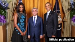 U.S. - President Barack Obama and First Lady Michelle Obama greet Armenian President Serzh Sarkisian during the United Nations General Assembly reception at the New York Palace Hotel in New York, 28Sept2015. (Official White House Photo by Lawrence Jackso