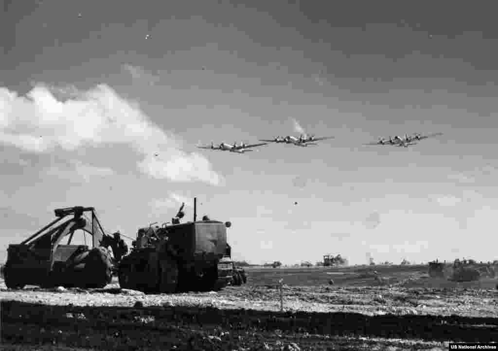 Military engineers working on Tinian Island after its capture by US forces in July 1944.The island was a crucial military staging point for American war planners due to its location, putting Japan within range of America’s newest strategic bomber, the B-29.