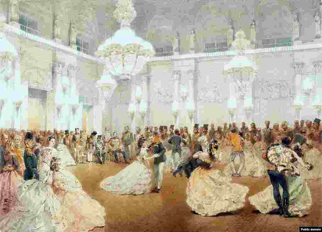 Russia has a long history of formal balls, which were first introduced to the country in the late 1600s by Peter the Great, who had observed them during his travels in Europe. This painting captures one of the highly formal dances in St. Petersburg in 1873. 