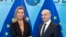 Belgium -- EU foreign policy chief Federica Mogherini poses with Kosovar Prime Minister Isa Mustafi in Brussels, February 9, 2015
