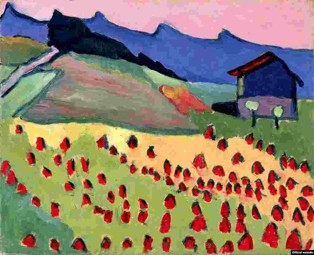 Gabriele Münter Landscape with Cabin at Sunset, 1908 Oil on paper on cardboard, 33 x 40.8 cm Kunstsammlungen Chemnitz - Museum Gunzenhauser, inv.-nr. GUN-M-0003, Property of Stiftung Gunzenhauser, Chemnitz Photo: PUNCTUM / Bertram Kober &copy; 20