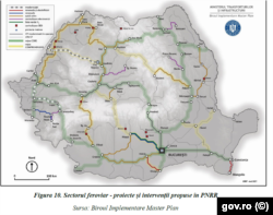 PNRR include proiecte de modernizarea a peste 300 de kilometri de cale ferată și achiziția de trenuri noi, inclusiv trenuri pe hidrogen.