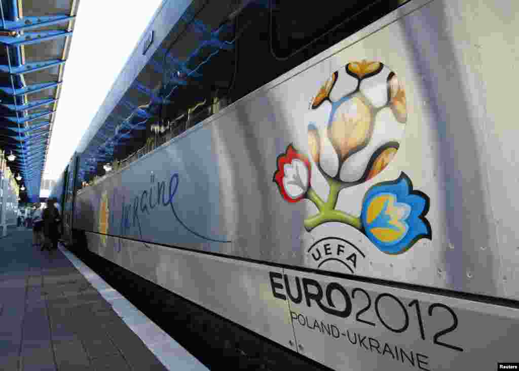 Ukraine - An interregional electric train, manufactured by Hyundai Rotem, is seen at a railway station in Kyiv, 28May2012