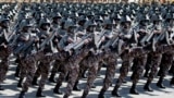 Soldiers march in a parade for the 70th anniversary of North Korea's founding day in Pyongyang in 2018. 