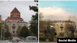 The cupola of the Holy Mother of God Cathedral seen in 2018 (left) and a framegrab from an April 2026 video made from the same location.