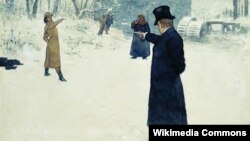 Фрагмэнт рэпрадукцыі карціны расейскага мастака Ільлі Рэпіна «Дуэль Анегіна і Ленскага»