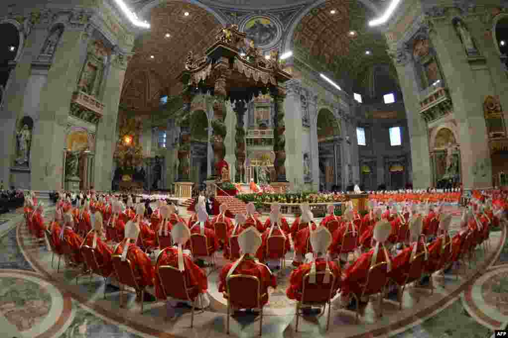 Cardinals attend a Mass on March 12 at St. Peter&#39;s Basilica before the start of the conclave to elect a new pope at the Vatican. (AFP/Gabriel Bouys)