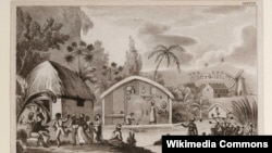 Diagramă din 1818 cu o plantație din Barbados, în care sunt arătate aspectele „pozitive” din viața sclavilor: muzica, dansul, mâncarea. În fundal, semnele muncii pe care erau forțați să o întreprindă, la plantația și moara de trestie de zahăr.