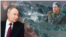 An illustration shows Russian President Vladimir Putin (left), a satellite image of Lisy Island, and Vladimir Maksimov, head of the Center of Experimental Physiology located there.