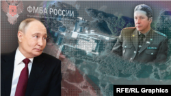 Владимир Путин, логотип ФМБА, поселок на острове Лисий, директор Центра экспериментальной физиологии Владимир Максимов, коллаж