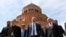 Nagorno-Karabakh -- Armenian Prime Minister Nikol Pashinian (C), Karabakh President Bako Sahakian (R) and Archbishop Pargev Martirosian leave a newly built church in Stepanakert, May 9, 2019.