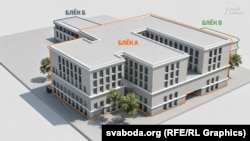 Прыкладная мадэль выгляду і колеру будучага корпусу Акадэміі нацыянальнай бясьпекі КДБ Беларусі. Выгляд зь перакрыжаваньня вуліц Залатой Горкі і Чырваназорнай. Касьцёл Сьвятога Роха месьціцца за корпусам.