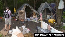 A photo taken on June 25 shows a Roma camp on the outskirts of Lviv that was abandoned after an attack.
