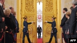 Russian President Vladimir Putin (center) in the Great Kremlin Palace during his inauguration ceremony on May 7. 