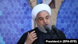 Iranian president Hassan Rohani speaks to the crowd in a public gathering at the city of Yazd, November 10, 2019