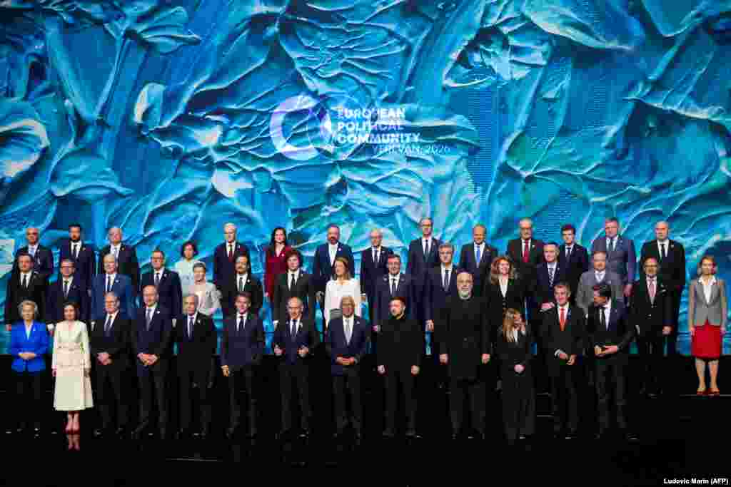 Participants pose for a group photo as the summit gets underway on May 4.The summit is the largest international political event Armenia has hosted since its independence, with some 40 heads of state in attendance.