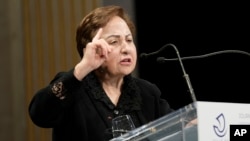 Iranian Nobel Peace laureate and human rights activist Shirin Ebadi speaks during an International Women's Day event in Paris on March 8.