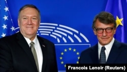 U.S. Secretary of State Mike Pompeo poses with European Parliament President David Sassoli at the EU Parliament in Brussels, Belgium, September 3, 2019