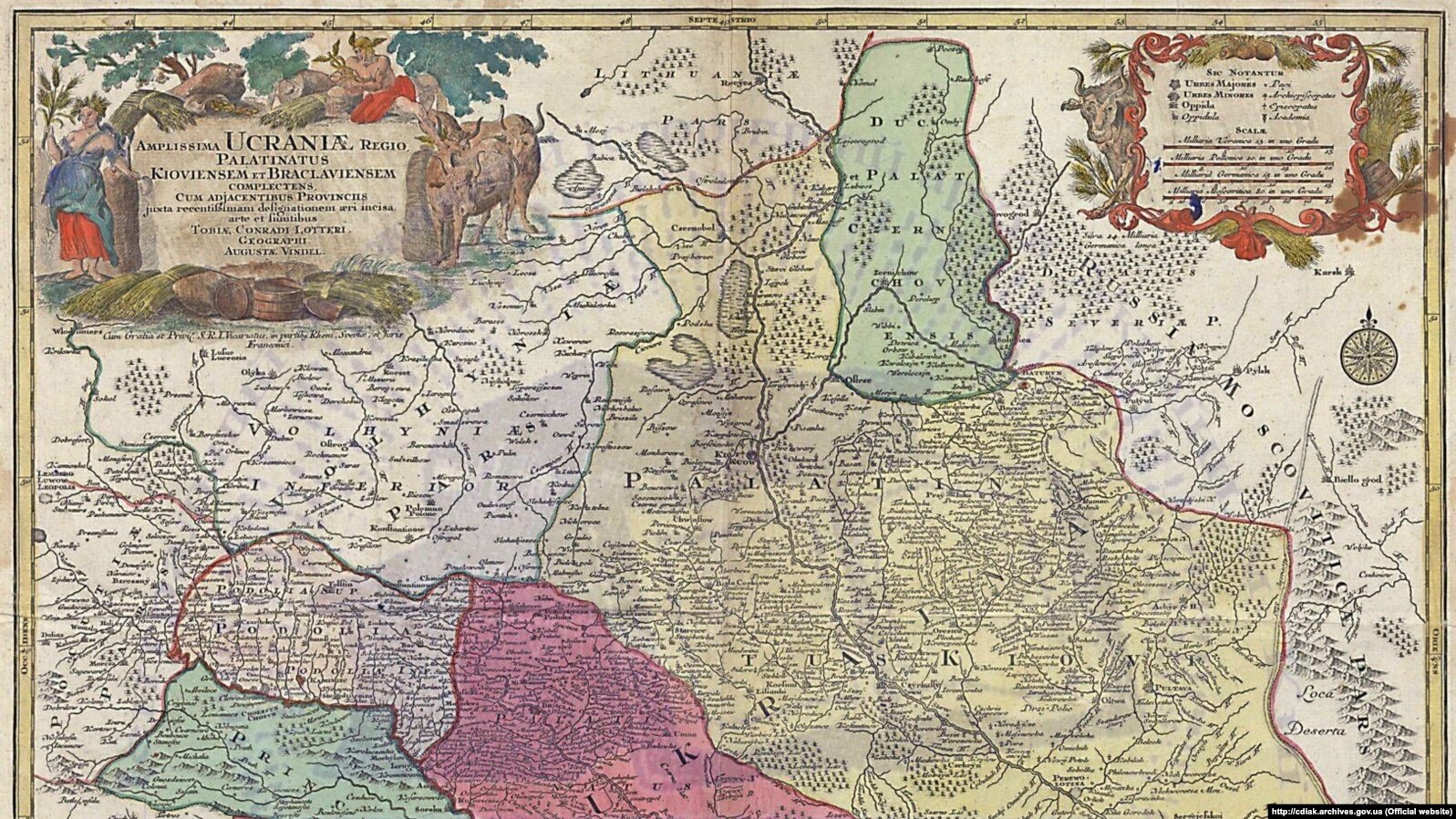 Мапа України 1740-х років. «Географічна карта України з Київським и Брацлавським воєводствами і відповідними провінціями…», виконана одним з найбільших граверів-картографів і видавців Німеччини Георгом Матеусом Зойтером і видана Тобіасом Конрадом Лоттером