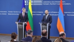 Հայաստանի և Լիտվայի ԱԳ նախարարներ Արարատ Միրզոյանի և Կեշտուտիս Բուդրիսի համատեղ ասուլիսը Երևանում, 19-ը մայիսի, 2026թ. 
