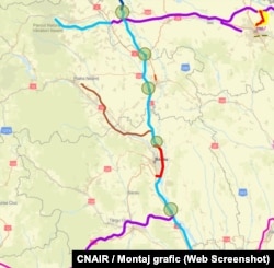 În centrul imaginii, pe verticală, cu albastru deschis, traseul autostrăzii A7, de la Adjud la Paşcani (124 km). Cu cercuri verzi sunt indicate capetele loturilor aflate în lucru.
