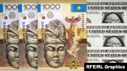 Банкноты номиналом одна тысяча тенге на фоне банкнот номиналом один доллар.