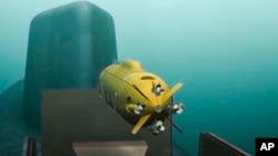 In this video grab from Russian television in March 2018, a computer simulation shows nuclear-powered underwater drone being released by a submarine. 