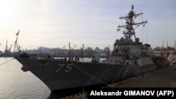 The USS Donald Cook missile destroyer is docked in the Ukrainian Black Sea port of Odesa in February 2019. 