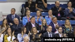 Alyaksandr Lukashenka and others attend a match of the Fed Cup tennis tournament in Minsk in 2017.