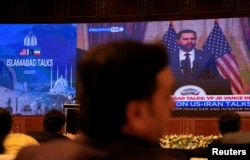 US Vice President JD Vance's news conference is broadcast on Pakistani TV early on April 12.