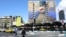 A large-scale billboard referring to the Strait of Hormuz saying "Forever in Iran's hands" is displayed in Tehran on April 15.