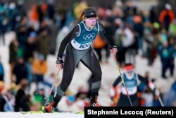 Elizaveta Hlusovici în timpul cursei de schi fond de 10 km, Lago, Italia, 12 februarie