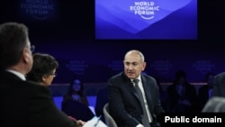 Switzerland - Armenian Prime Minister Nikol Pashinian speaks during the World Economic Forum in Davos, January 23, 2025.