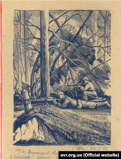 Дереворит «На становищі». Зображено двоє повстанців — чоловіка зі скорострілом і жінку з рушницею в лісі. Дата створення: 20 травня 1949 року
