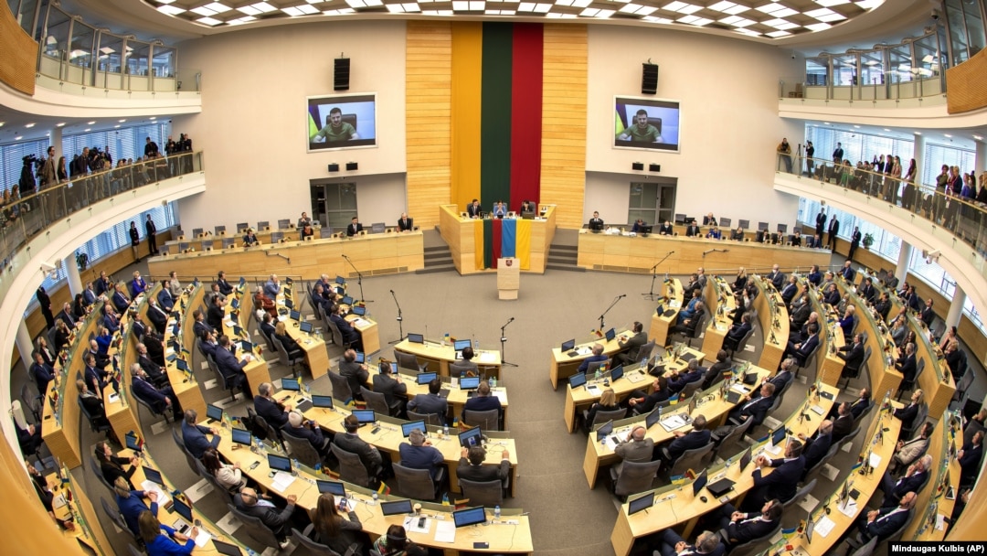Ukrainian President Volodymyr Zelenskiy speaks to the Lithuanian parliament in Vilnius on April 12.